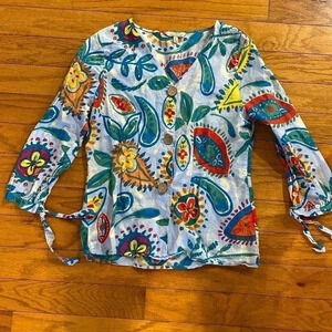 Linen blend by Hester orchard - size medium - blue with bright floral pattern